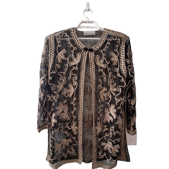 Sophie Chang Studio kimono top womens 1X ? black gold applique mesh Holi… - Picture 1 of 5